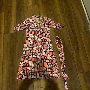 white, brown and pink dress with belt